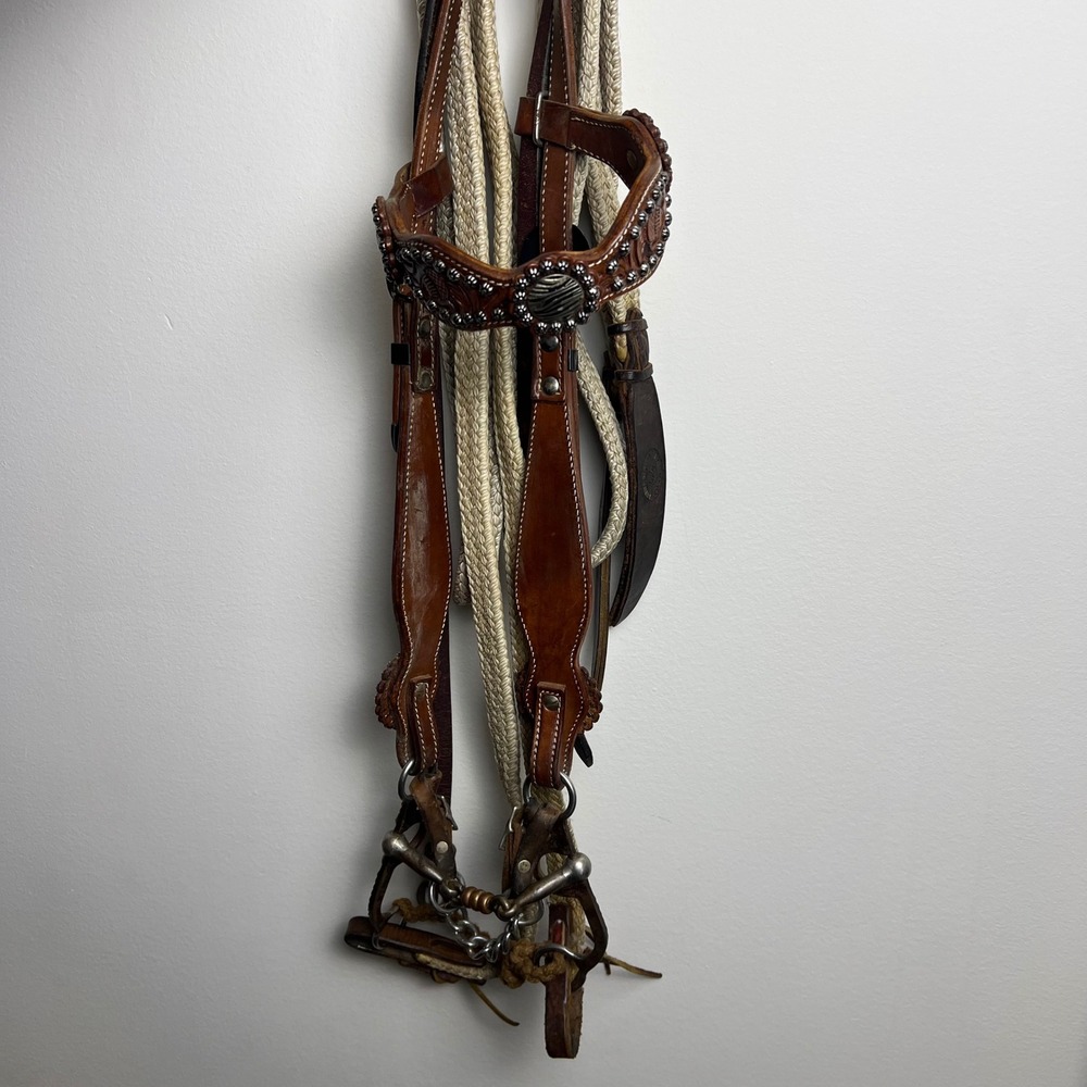 Unbranded Leather Headstall Double Diamond 7ft Reins Zebra Concho Brown Good